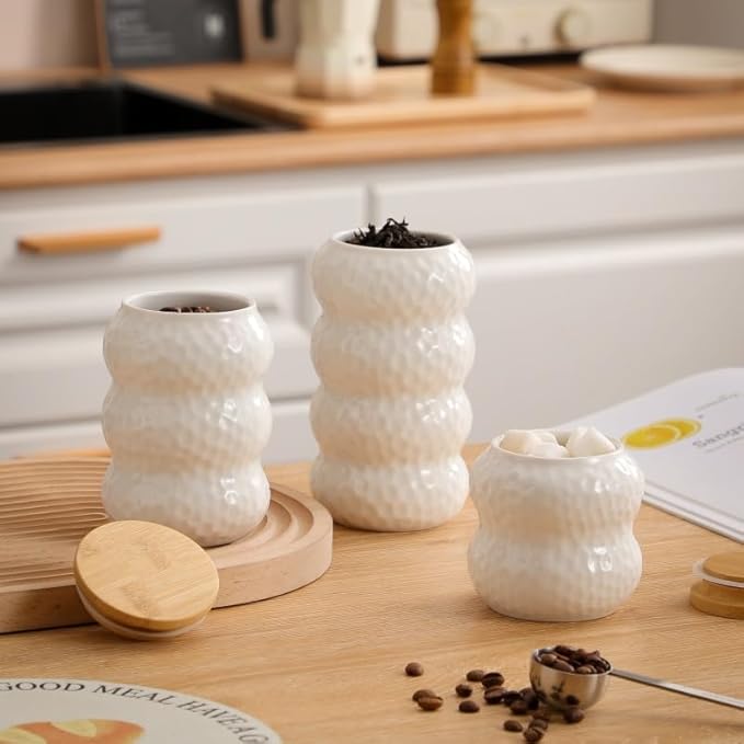 Ceramic Container, Ceramic Jar with Lid, Stackable Containers with Airtight Seal Container Kitchen Food Storage Jars for Serving Ground Coffee, Tea, Sugar, Spice and More (three piece)