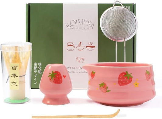 Pink Strawberry Matcha Set Whisk And Ceremony Bowl, 5 Pcs Ceramic Traditional Matcha Making Kit Gift Set For Women Friends Tea Lover
