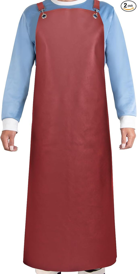 SHEOMERN 2 Pack Heavy Duty Vinyl Dishwasher Apron Adjustable Cross Back Strap for Dishwasher, Butcher, Dog Grooming, Chemical Resistant, 43" Long Thicker Apron Red