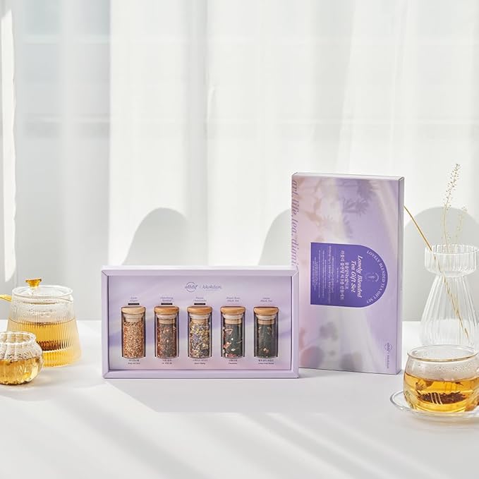 KKOKDAM Lovely Blending Tea Gift Set – Premium 5-Flavor Tea Sampler (3 Herbal & 2 Black Tea Blends) – Loose Leaf Tea Variety Pack in Glass Jars – Unique Korean Gift Box for Women, Mom & Tea Lovers