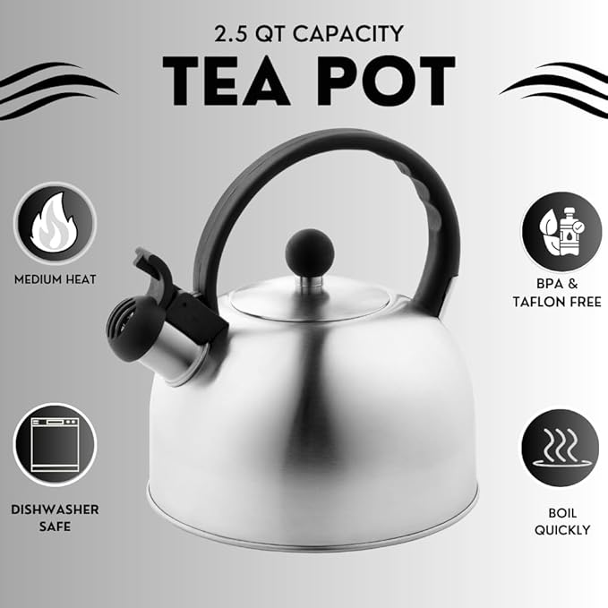 Venoly 2.5 Liter Whistling Tea Kettle - Modern Stainless Steel Whistling Tea Pot for Stovetop Hot Water Boiler with Cool Grip Ergonomic Handle (Silver, 2.5 Liter)