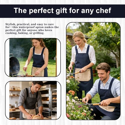 Chef Apron Bib Apron with 2 Large Pockets Adjustable Neck Strap Kitchen Apron Cooking Apron Stripes Baking Apron - Image 7