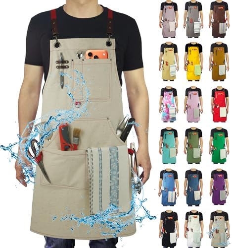 Work Aprons, Canvas Apron, Waterproof, Colorful Spots | Multiple Pockets for Cooking, Painting, Crafting, Gardening, Sizes M to XXL by Stenffy