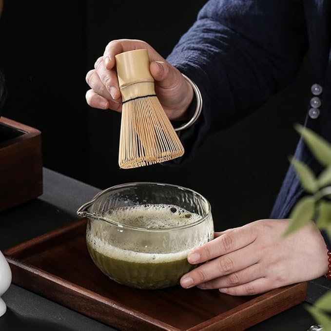Handmade Japanese Style Matcha Green Tea Ceremony Bowl, Textured Glass, 13.5 oz, With Pouring Spout (Glass)