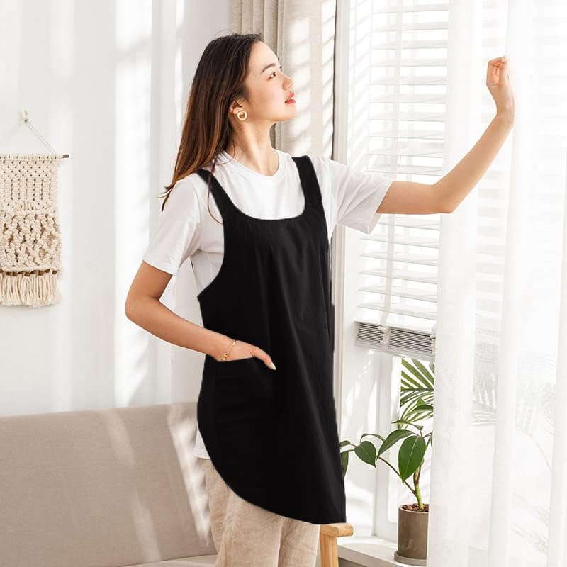 Cotton Cross Back Aprons Solid Color Cooking Kitchen Garden Smock for Women Girls with Pockets - Image 5