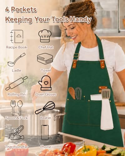 Teskyer Canvas Kitchen Apron with 4 Pockets | Cross Back or Adjustable Strap Design, 4 Utility Pockets, Water & Oil Resistant Fabric for Cooking Gardening & Crafts - Image 3