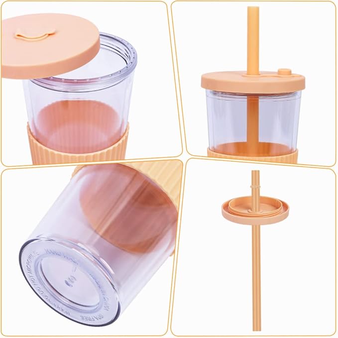 2 Pack Reusable Boba Tea Cups, 24oz Iced Coffee Cup with Straw and Lid, Leakproof Clear Plastic Cups Tumbler, Double Wall Insulated Smoothie Tumbler, Wide Straw for Bubble Tea, Green & Orange