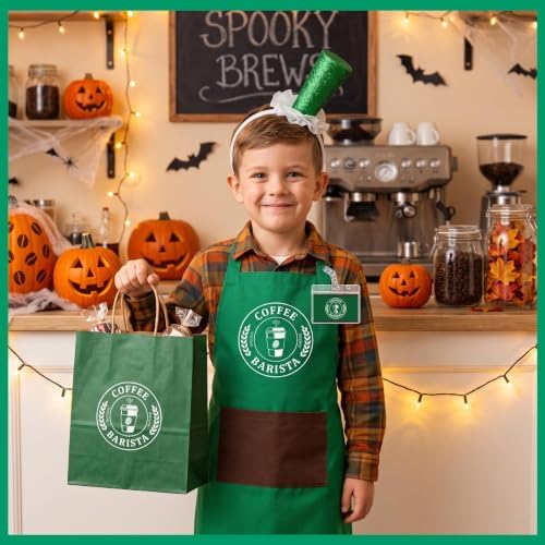 Halloween Coffee Costume Set - Barista Uniforms, 4Pcs | Adjustable, Waterproof Green Aprons, Name Tag, Hairband, Bags, Coffee Maker Outfit for Role Play, Halloween Party Dress Up - Image 4