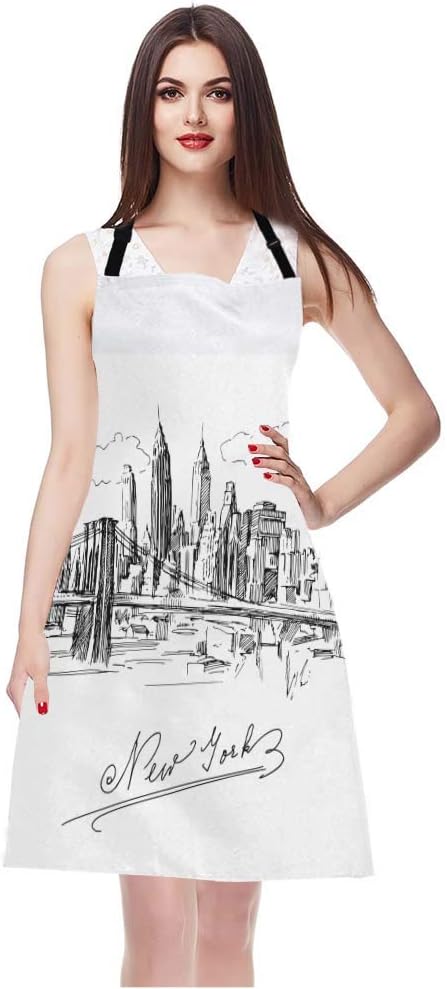 WONDERTIFY New York Apron,Hand Drawn New York City Architecture Metropolis Skyline Bib Apron with Adjustable Neck for Men Women,Suitable for Kitchen Cooking Waitress Chef Grill Bistro Baking Apron