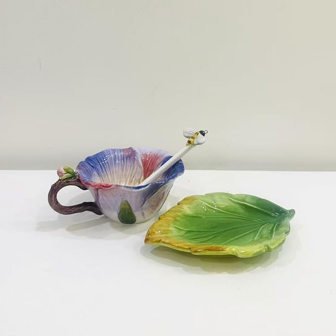 Ceramic Pansy Coffee Cup and Saucer Set with Spoon，6OZ 3D Hand-Painted Flower Tea Mug，Gift for Women (Pinkish Purple)