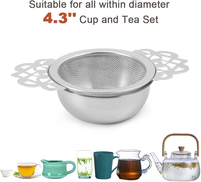 Picowe 2 Pack Tea Strainer Bowl, Stainless Steel Sliver Tea Strainers for Loose Tea Fine Mesh for 2.5-4 Inch Cup Mouth