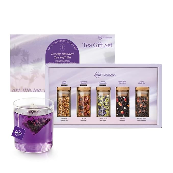 KKOKDAM Lovely Blending Tea Gift Set – Premium 5-Flavor Tea Sampler (3 Herbal & 2 Black Tea Blends) – Loose Leaf Tea Variety Pack in Glass Jars – Unique Korean Gift Box for Women, Mom & Tea Lovers
