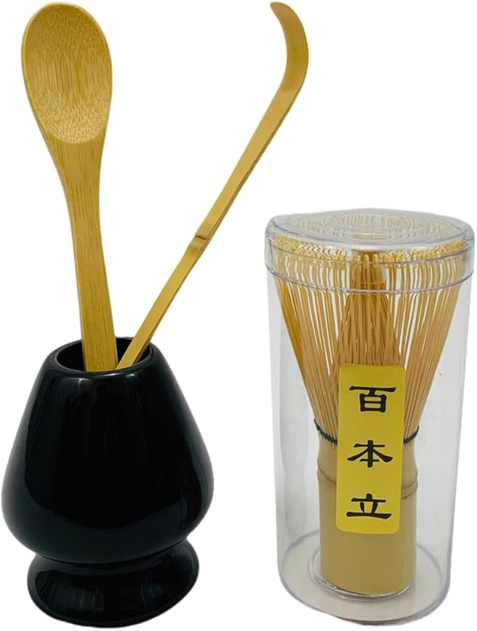 JapanBargain 4727, Matcha Whisk Set Japanese Chasen Bamboo Whisk Tea Spoon and Tea Scoop Chashaku and Whisk Stand Green Tea Ceremony Whisk Set (Whisk+Stand+Scoops)