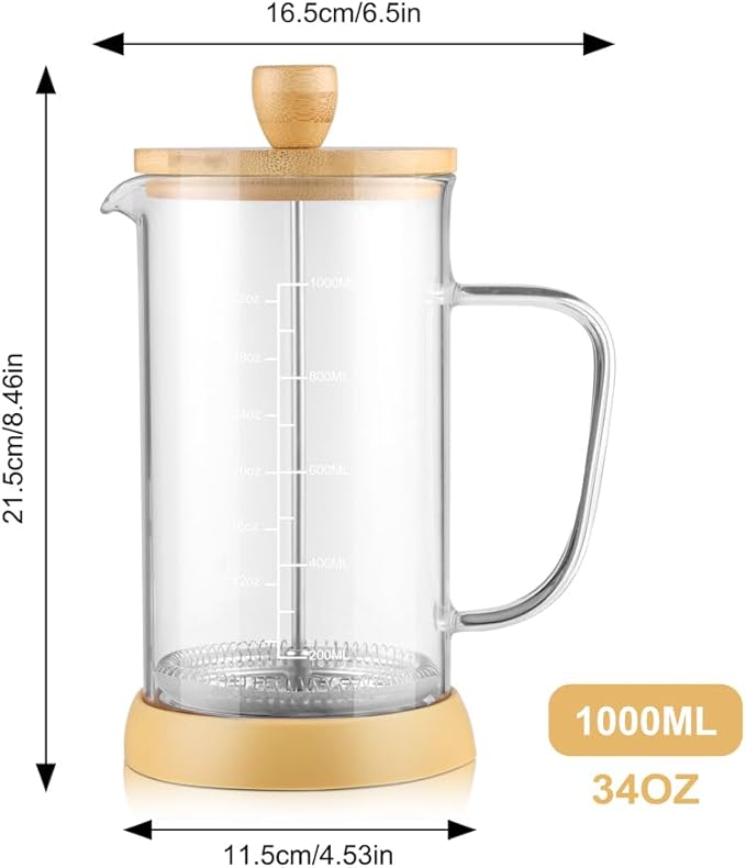 wedrink 34oz French Press Coffee Maker - Thicken Heat-Resistant Borosilicate Glass Bamboo Lid Plastic Free Coffee Press (1000ml)