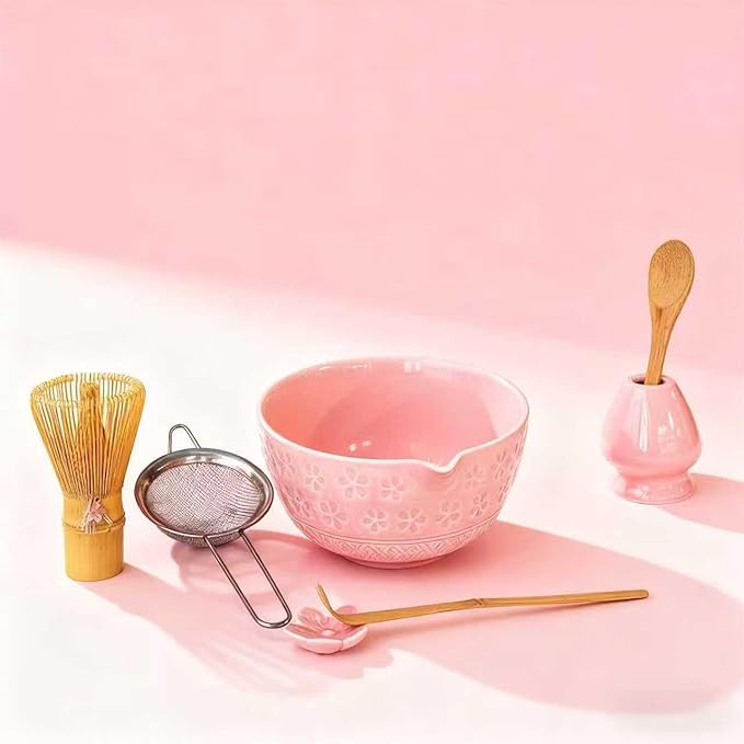 Matcha Whisk Set with Matcha Bowl, Matcha Bamboo Whisk, Scoop, Sifter, Matcha Whisk Holder Unique Gifts for Friend Home Kitchen Decor Gifts for Christmas, Birthday,Halloween (Pink)