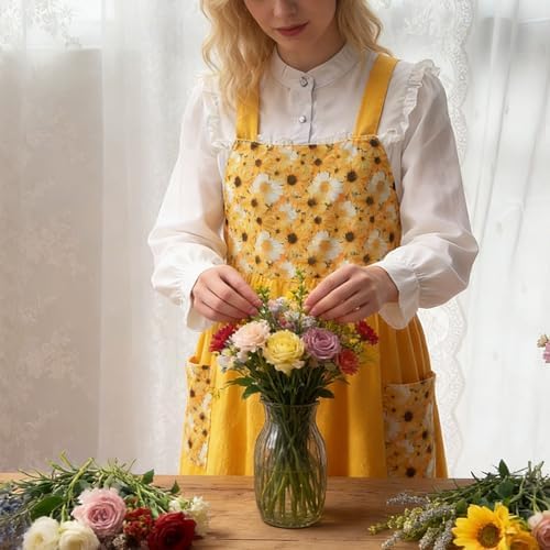 Uaussi Cotton Linen Apron Cross Back Work Apron for Women with Pockets Pinafore Dress X Cross Halter Apron for Chef Gardening - Image 4