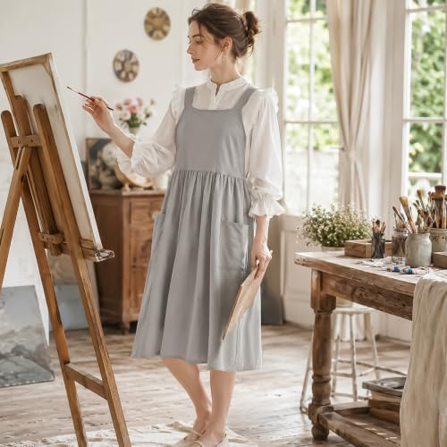 Uaussi Cotton Linen Apron Cross Back Work Apron for Women with Pockets Pinafore Dress X Cross Halter Apron for Chef Gardening - Image 6