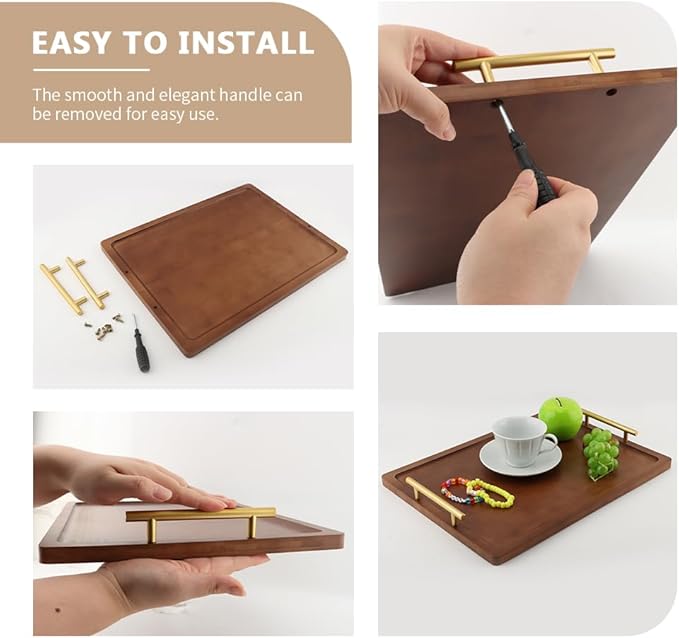 Bamboo Serving Tray with Metal Handles(15.75x11.81inch) | Home Decorative Rectangle Ottoman Platter Bathroom Vanity Tray for All Occasions, Including Installation Tools