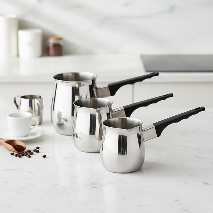 Fino Stainless Steel Turkish Coffee Pot - Professional 18/8 Warmer for Stovetop Coffee, Milk, Tea, Hot Chocolate - Delicious Daily Beverages - 12-Ounce