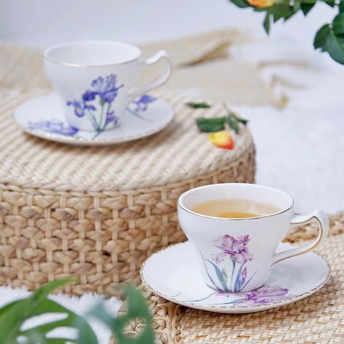 Bone China Tea Cup Set with Saucer and Spoon, 3 Piece, 7oz, Cappuccino and Latte Cups, Porcelain, British Style, Mother's Day Gift (Purple Iris)