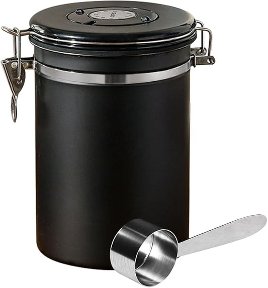 Airtight Stainless Steel Coffee Canister,1.8L Coffee Bean Storage Container with Date Tracker and Scoop for Coffee Beans, Grounds, Tea, Flour, Cereal, Sugar, Large (Black)