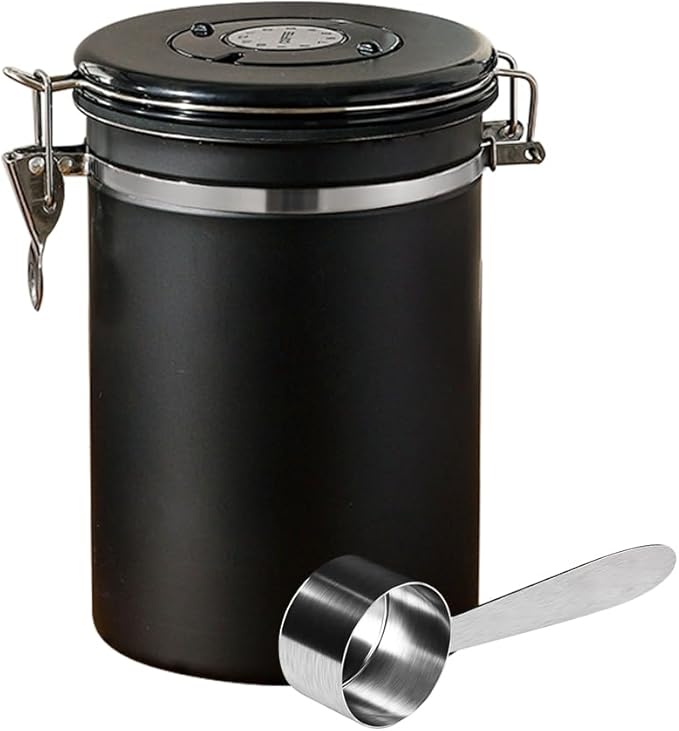 Airtight Stainless Steel Coffee Canister,1.8L Coffee Bean Storage Container with Date Tracker and Scoop for Coffee Beans, Grounds, Tea, Flour, Cereal, Sugar, Large (Black)