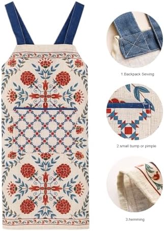 patdrea Blue Floral Linen Apron with Pocket,French Kitchen Garden Chef BBQ Aprons for Women and Men,Crisscross Back Straps - Image 4