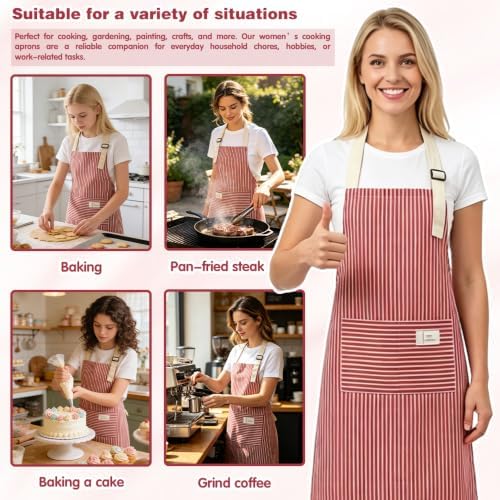 Chef Apron Bib Apron with 2 Large Pockets Adjustable Neck Strap Kitchen Apron Cooking Apron Stripes Baking Apron - Image 6