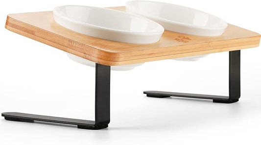 Ceramic Elevated Cat Bowls with 10° Tilted, Anti Vomiting & Whisker Friendly Food and Water Bowls with Bamboo Stand(Anti-Slip Feet), Raised Cat Food Bowls for Indoor Cats & Puppies, Dishwasher Safe