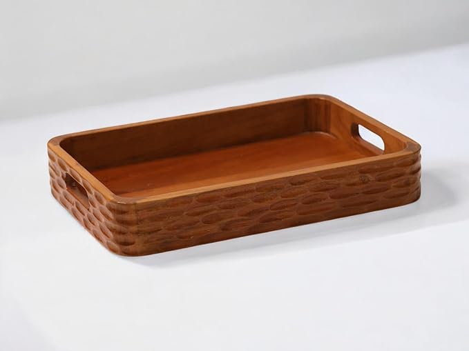 Vesta Homes Acacia Wood Serving Tray for Home/Kitchen/Restaurant/Office Organizer/Dining Table | Premium Serving Trays | 38 x 25 x 5 cm | Handcrafted in India
