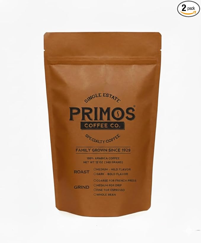French Press Specialty Coffee, Coarse Ground, Primos Coffee Co (2 Bags - 1 Medium and 1 Dark Roast)