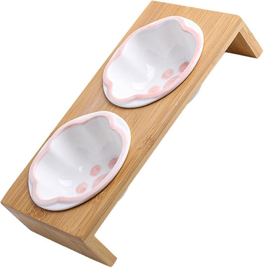 Bamboo Elevated Cat Bowl Ceramic Material Whisker-Friendly Bowl for Kitten Vomiting Relief