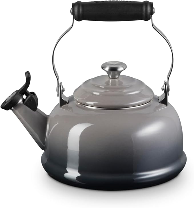 Le Creuset Enamel On Steel Whistling Tea Kettle with Metal Finishes, 1.7 qt., Oyster