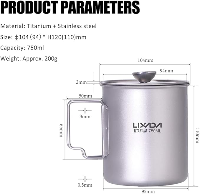 LIXADA Titanium French Press Coffee Maker, 750ml, Corrosion Resistant, Foldable Handle, Outdoor Camping Cooking Pot