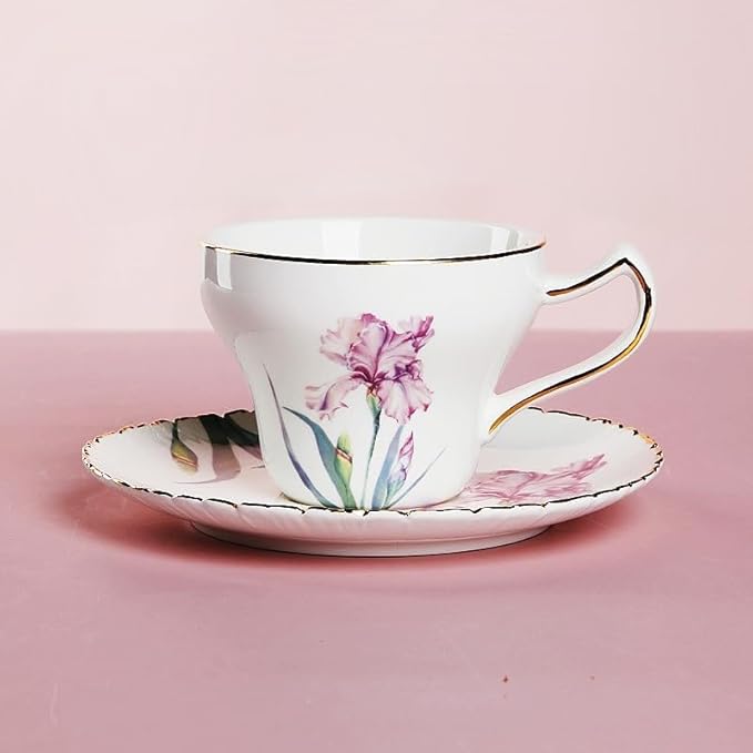 Bone China Tea Cup Set with Saucer Spoon - 3 Piece Set (7oz) Cappuccino & Latte Cups, Porcelain British Style, Mother's Day Gift (Pink Iris)