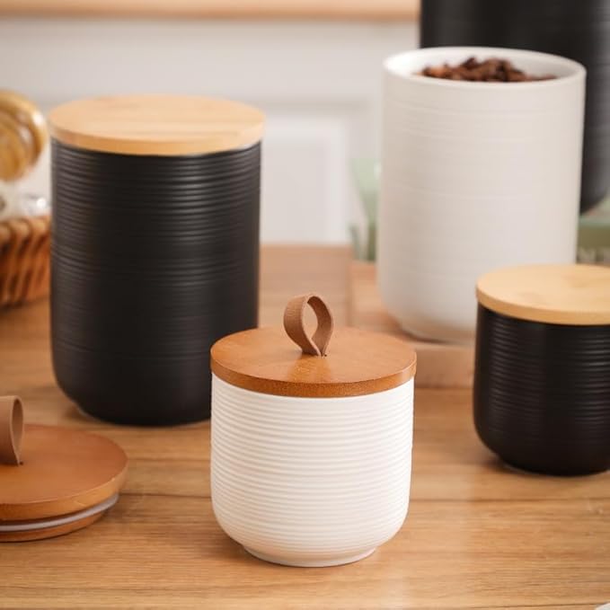 Food Storage Jar Strong Ceramic Storage Canisters with Airtight Wooden Lid,Kitchen Storage Containers for Serving Coffee Beans, Tea, Sugar, Salt, Spices (Little white 9 oz)