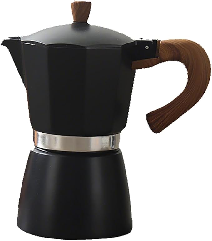 Kingdong Stovetop Moka Pot with Wooden Handle, 6-Cup Italian Style Coffee Maker, Black and Cream Aluminum Espresso Brewer (Black, 3 cup)