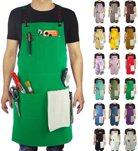 Kitchen Apron, Work Apron, Canvas Apron, Green | Multiple Pockets, Gardening, Painting, BBQ, Carpenter, Sizes M to XXL by Stenffy