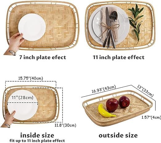 Rectangular Bamboo Wicker Serving Trays with Handles, Handwoven Coffee Trays for Coffee, Breakfast, Bread, Food, Dish and Decorative Tray for Dining Table (1)