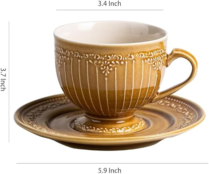 WAIT FLY Vintage Embossed Ceramic Coffee Mug with Saucer Set, Espresso Cup, Tea Cup, Breakfast Cup and Dessert Plate-Caramel-8 OZ
