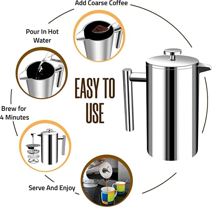 Utopia Kitchen 304 Grade Stainless Steel French Press Coffee Maker 17 Oz, Double Wall Insulated Coffee Press with 4-Level Filtration system, Include 2 Extra Filters, Rust-Free, Dishwasher Safe, Silver