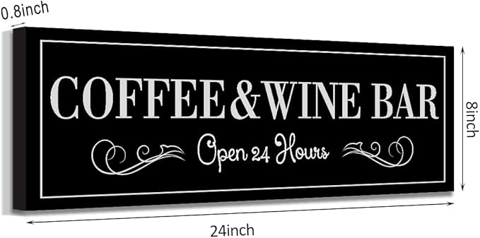 WOWGOOMO Coffee and Wine Bar Signs Decor, Classic Kitchen Wine Cabinet Decorative Signs & Plaques, Black Bar Accessories, 8x24 Inches