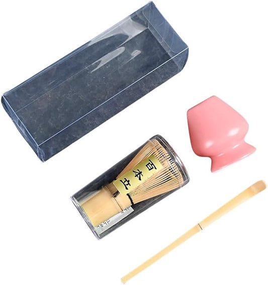 Japanese Matcha Tea Set, Bamboo Whisk (Chasen) + Matcha Scoop (Chashaku)+Ceramic Whisk Holder,fit for Japanese Tea Matcha Tea,Matcha Latte Accessories (L)