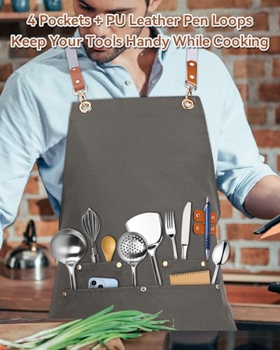 Teskyer Canvas Kitchen Apron with 4 Pockets | Cross Back or Adjustable Strap Design, 4 Utility Pockets, Water & Oil Resistant Fabric for Cooking Gardening & Crafts - Image 3