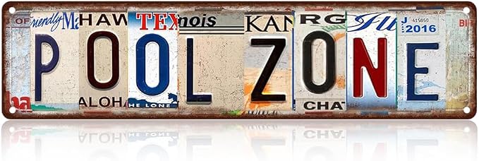 Vintage License Plate POOL ZONE Sign – 16x4 Inch Rustic Tin Wall Décor for Backyard Pool, Patio, Hot Tub, Cabana or Outdoor Swimming Area by SARAHEVE