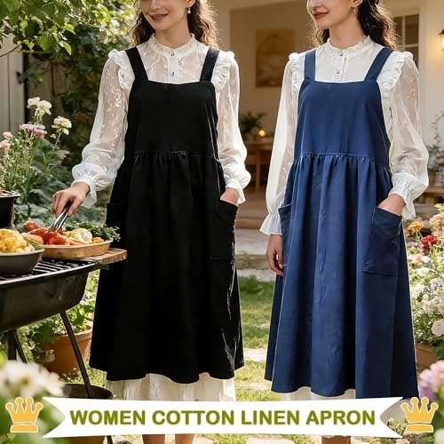 Uaussi Cotton Linen Apron Cross Back Work Apron for Women with Pockets Pinafore Dress X Cross Halter Apron for Chef Gardening - Image 3