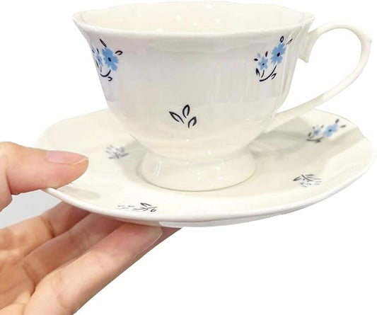 Tea Cup and Saucer Set with Blue Flowers，6.76 oz Ceramic Coffee Cup，Latte Mug for Mother's Day Gifts (blue)