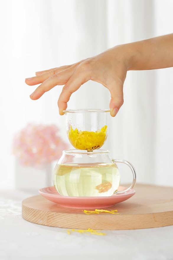 Mushroom Tea Cup Set, Cute Glass Tea Cups and Saucers, Kawaii Tea Cup with Infuser for Loose Leaf Tea Steeper, Coffee Mug Christmas Gifts for Women,Tea Infuser Mug with Lid for Mother Girls (Blue)