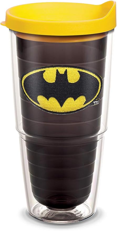 Tervis DC Comics Batman Emblem Made in USA Double Walled Insulated Tumbler Travel Cup Keeps Drinks Cold & Hot, 24oz, Quartz - Yellow Lid