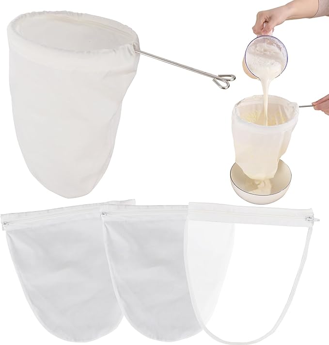 5 Pcs Premium Ultra Fine Mesh Strainer Bags with Stainless Steel Handle, Reusable Nut Milk Bags, Cheese Cloths for Straining Juice, NutMilk, Coffee, Thai Tea, Yogurt and Soup (Large)